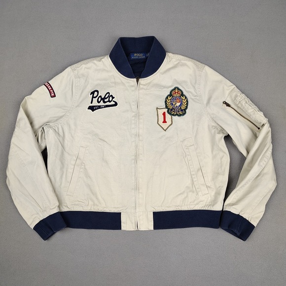 Polo Ralph Lauren Bomber Jacket Youth XL Big Tan Crest Logo Full Zip Military - Picture 13 of 13